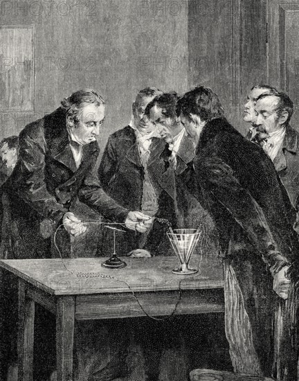 Experimental demonstrations, the distraction of a compass needle by electricity magnetism, Hans Christian Ørsted, 1777-1851, Danish physicist