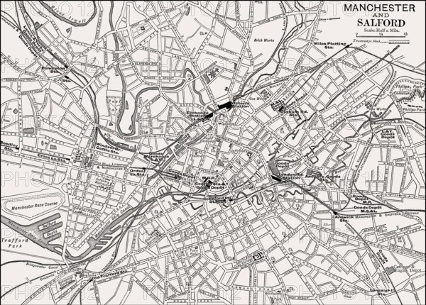 Map of Manchester and Salford, England, UK, 19th century