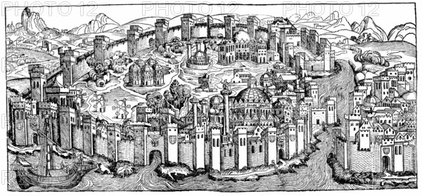 Panoramic view of Konstantinopel, Istanbul, Turkey, Europe, Historische Zeichnung, Stadtansicht aus dem 17. Jahrhundert von Konstantinopel, Istanbul, Türkei, Asia