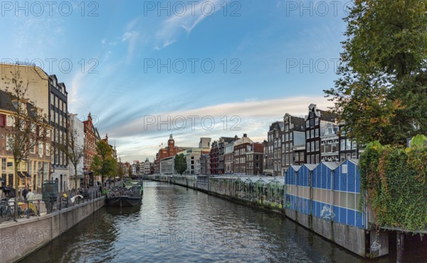 A picture of the Singel Canal and the Bloemenmarkt (flower market) of Amsterdam, at sunset