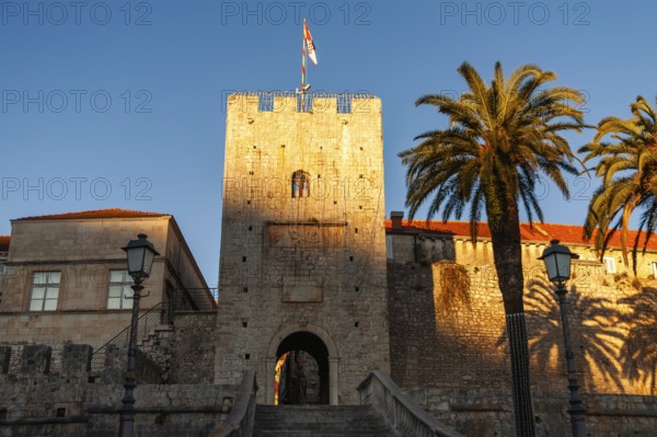 Stairs and medieval town gate leading into the old town centre of Korcula, Korcula, Dalmatia, Croatia, Europe