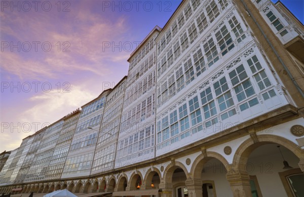 La Coruna facades near Port in Galicia of Spain