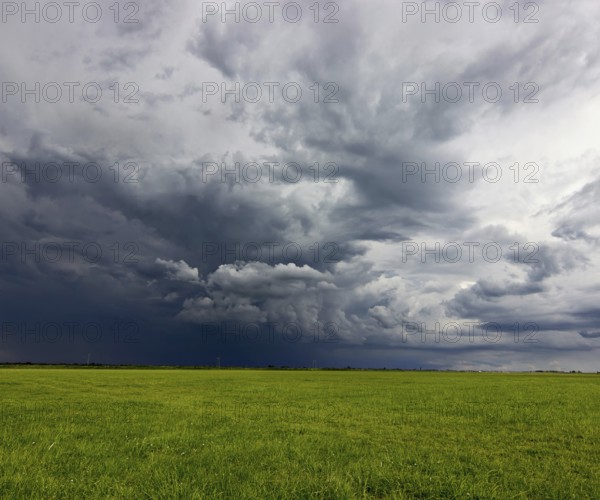 Supercell storm clouds above meadow with green grass Summer Storm clouds
