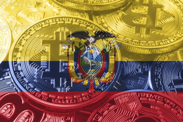 Ecuador bitcoin flag, national flag cryptocurrency concept black background