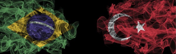 Flags of Brazil and Turkey on Black background, Brazil vs Turkey Smoke Flags