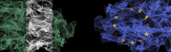 Flags of Nigeria and EU on Black background, Nigeria vs Europe Union Smoke Flags