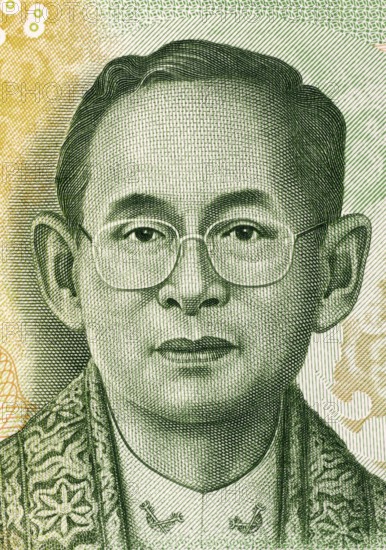 King Rama IX (born 1927) on 20 Baht 2013 Banknote from Thailand. King of Thailand