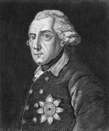 Frederick II (1712-1786) on engraving from 1859. King of Prussia during 1740-1786. Engraved by unknown artist and published in Meyers Konversations-Lexikon, Germany, 1859, Europe