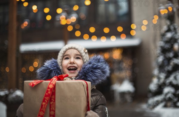 Portrait of joyful girl with a gift box for Christmas on a city street in winter with snow on a festive market with decorations and fairy lights. Warm clothes, knitted hat, scarf and fur. New year
