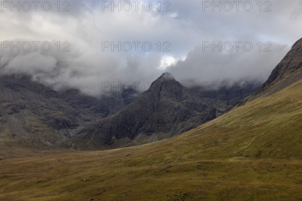 Clouds on the mountainsides, Fairy Pools, Black Cuillin Mountains, Isle of Skye, Hebrides, Scotland, Great Britain