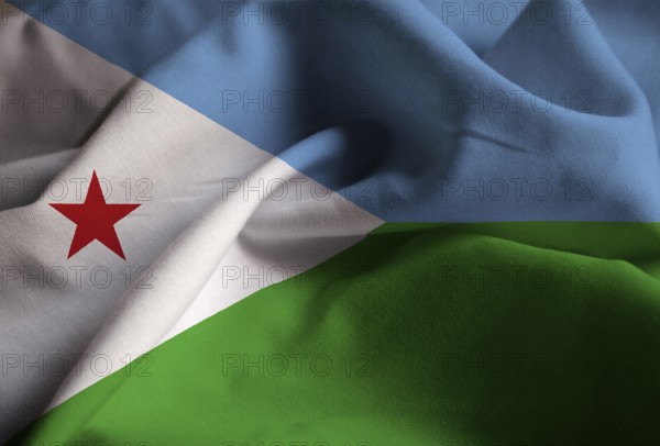 Closeup of Ruffled Djibouti Flag, Djibouti Flag Blowing in Wind