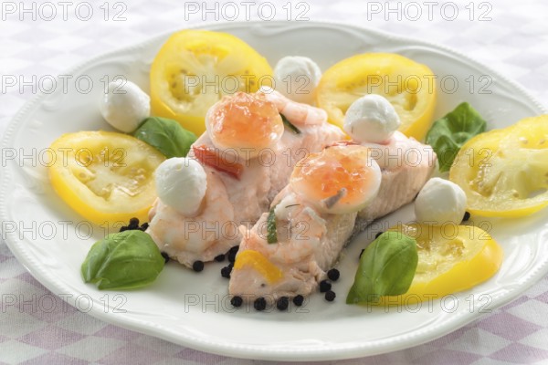 Porched salmon with yellow brandywine tomatoes