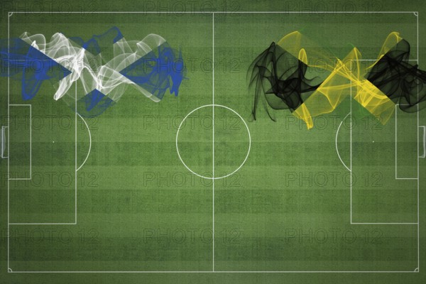 Scotland vs Jamaica Soccer Match, national colors, national flags, soccer field, football game, Competition concept, Copy space