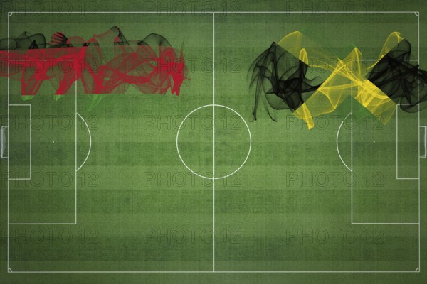 Malawi vs Jamaica Soccer Match, national colors, national flags, soccer field, football game, Competition concept, Copy space