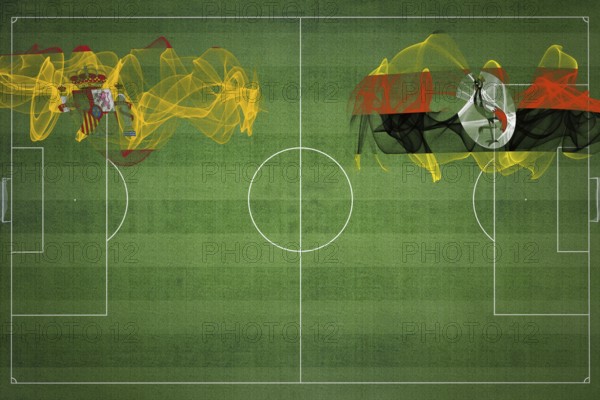 Spain vs Uganda Soccer Match, national colors, national flags, soccer field, football game, Competition concept, Copy space