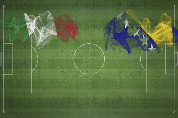 Italy vs Bosnia and Herzegovina Soccer Match, national colors, national flags, soccer field, football game, Competition concept, Copy space