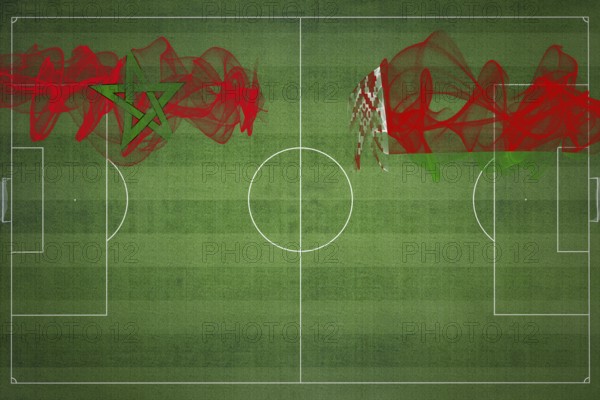 Morocco vs Belarus Soccer Match, national colors, national flags, soccer field, football game, Competition concept, Copy space