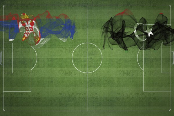 Serbia vs Libya Soccer Match, national colors, national flags, soccer field, football game, Competition concept, Copy space