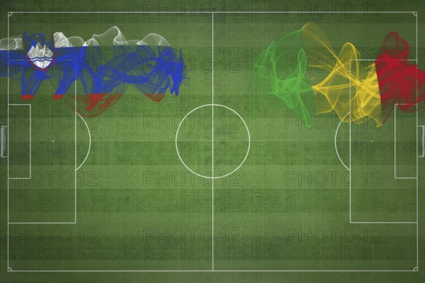 Slovenia vs Mali Soccer Match, national colors, national flags, soccer field, football game, Competition concept, Copy space