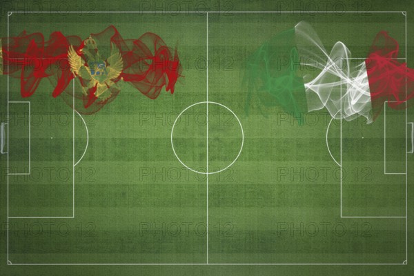 Montenegro vs Italy Soccer Match, national colors, national flags, soccer field, football game, Competition concept, Copy space
