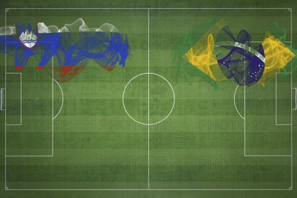 Slovenia vs Brazil Soccer Match, national colors, national flags, soccer field, football game, Competition concept, Copy space