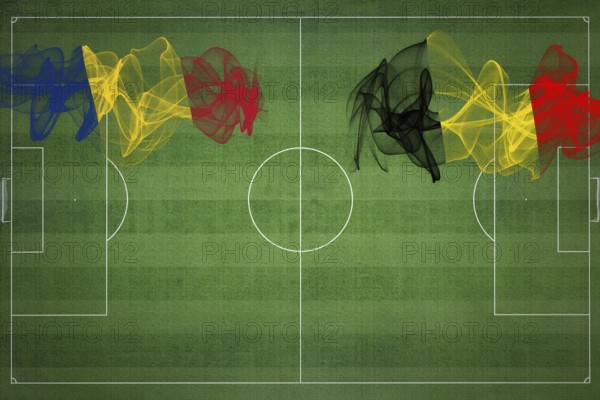 Romania vs Belgium Soccer Match, national colors, national flags, soccer field, football game, Competition concept, Copy space
