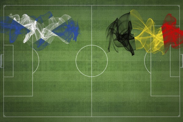 Scotland vs Belgium Soccer Match, national colors, national flags, soccer field, football game, Competition concept, Copy space