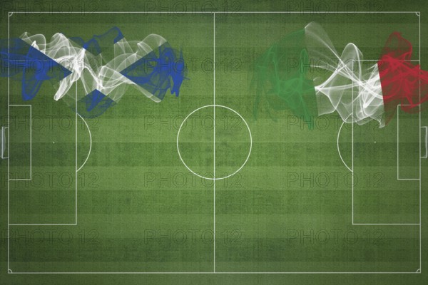 Scotland vs Italy Soccer Match, national colors, national flags, soccer field, football game, Competition concept, Copy space