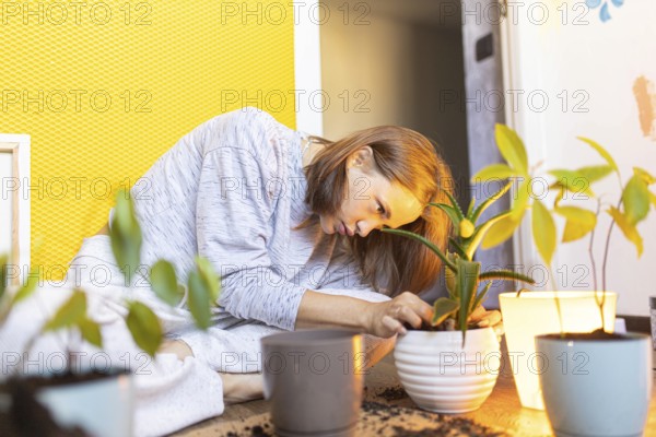 Woman intensely focused on planting a sapling in a white pot indoors