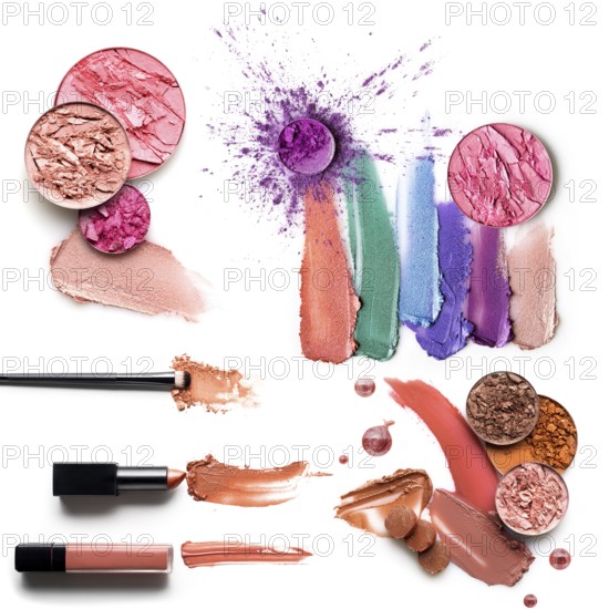 Creative concept photo set of cosmetic swatches with lipstick eyeshadow and other beauty products on white background