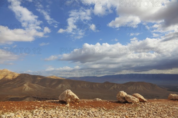 Gorgeous clear day in the Judean desert. Huge boulders along the roads, clear skies