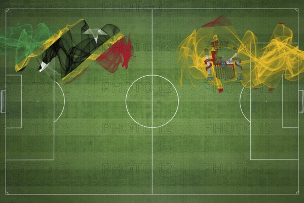 Saint Kitts and Nevis vs Spain Soccer Match, national colors, national flags, soccer field, football game, Competition concept, Copy space