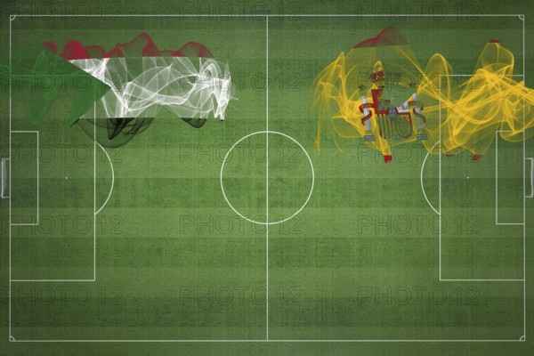 Sudan vs Spain Soccer Match, national colors, national flags, soccer field, football game, Competition concept, Copy space