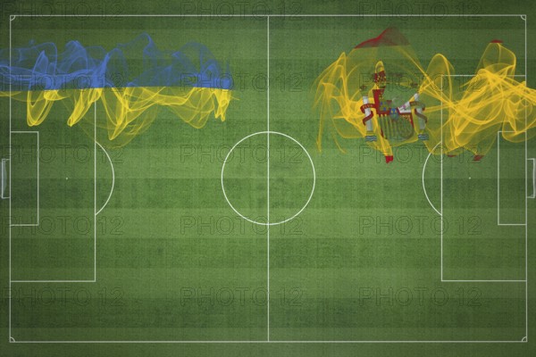 Ukraine vs Spain Soccer Match, national colors, national flags, soccer field, football game, Competition concept, Copy space