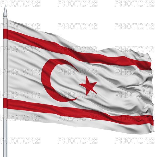 Northern Cyprus Flag on Flagpole, Flying in the Wind, Isolated on White Background