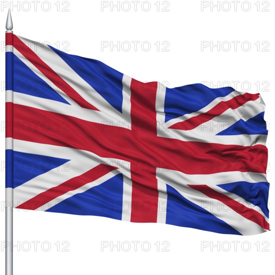 United Kingdom Flag on Flagpole, Flying in the Wind, Isolated on White Background