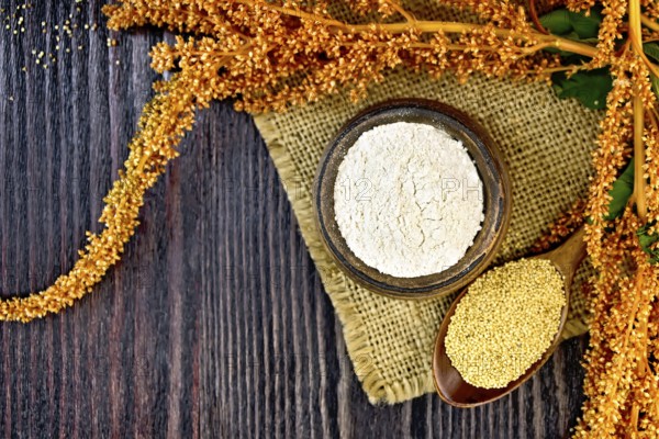 Flour amaranth in a clay bowl, a spoon with grain, brown flower with leaves on a napkin from a sacking on a background of wooden boards on top