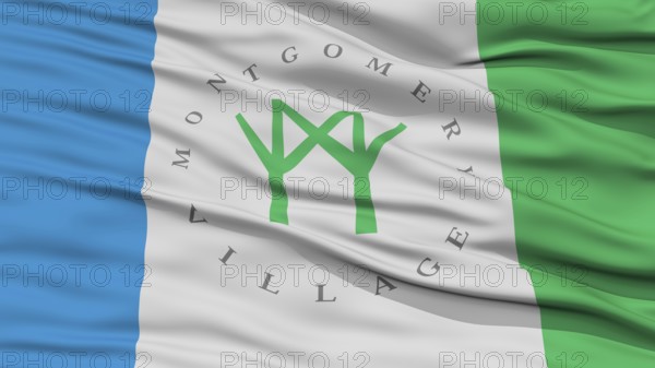 Closeup of Montgomery Village City Flag, Waving in the Wind, Maryland State, United States of America
