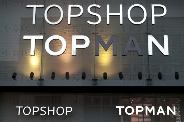 Leeds, West Yorkshire, United Kingdom, 3 December 2020: close up of the sigs on the topshop and topman building building in Briggate in the centre of Leeds, Europe