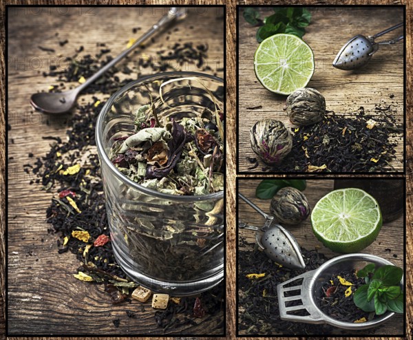 Collage of tea paraphernalia and scattered leaves on wooden table