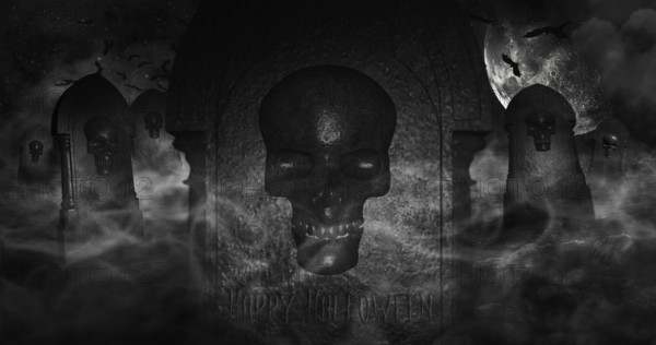 Cemetery At Night With Tombstones With Skulls And Cloudy Sky Full Of Stars in The Background. Halloween Concept 3D illustration