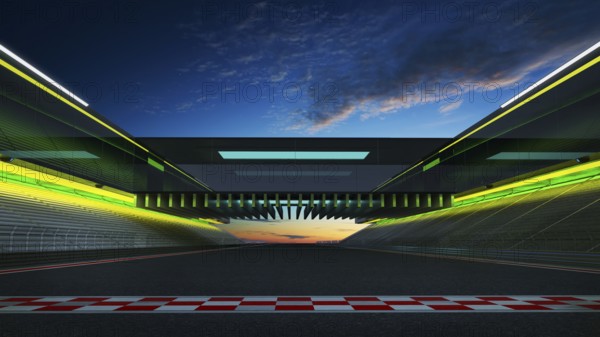 View of the infinity empty asphalt international race track with start and finish line, evening scene . 3d rendering