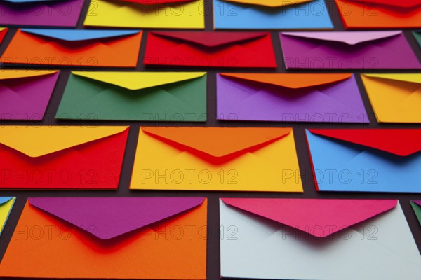 Composition with white and colored envelopes on the table. The photo suitable for various holidays and anniversaries