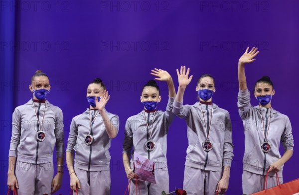 Sofia, Bulgaria - 27 March, 2021: Members of team Azerbaijan pose with their silver medals on the podium at Group Award Ceremony for All-Around at the 2021 Rhythmic Gymnastics Sofia World Cup, Sofia, Bulgaria, Europe