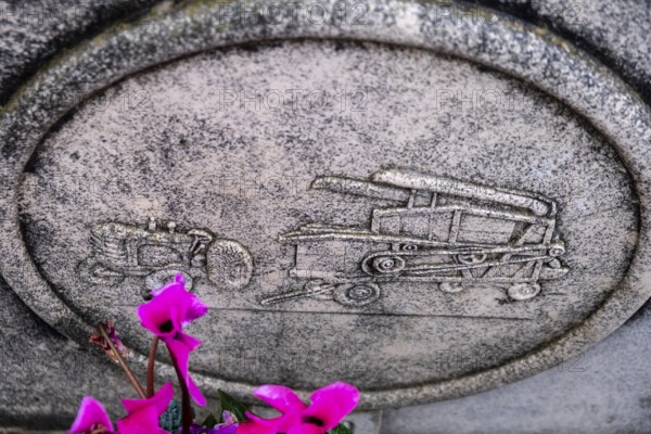 Funerary emblem of a tractor and combine, Ses Salines Cemetery, Majorca, Balearic Islands, Spain, Europe