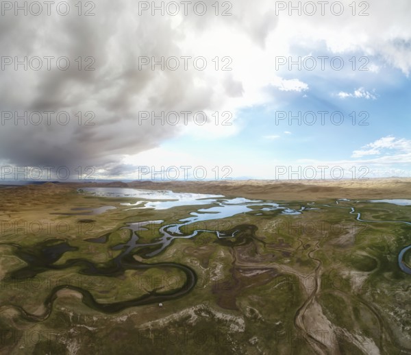 Aerial panorama sand desert Mongol Els and Zavkhan river