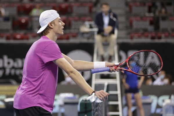 Sofia, Bulgaria - 10 November, 2020: Canada's Denis Shapovalov argues with the referee about a point he lost during his ATP 250 Sofia Open match against Moldova's Radu Albot, Sofia, Bulgaria, Europe