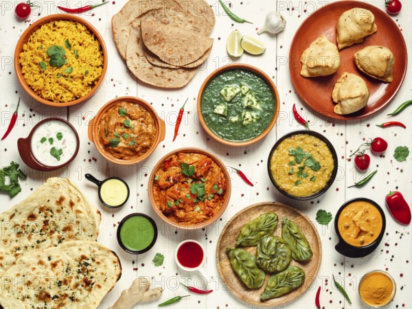 Indian cuisine dishes: tikka masala, dal, paneer, samosa, chapati, chutney, spices. Indian food on white wooden background. Assortment indian meal top view or flat lay