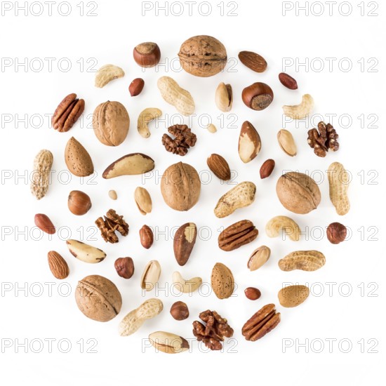 Pattern of nuts in circle form. Various nuts isolated on white. pecan, macadamia, brazil nut, walnut, almonds, hazelnuts, pistachios, cashews, peanuts, pine nuts. Top view or flat-lay. Copy space
