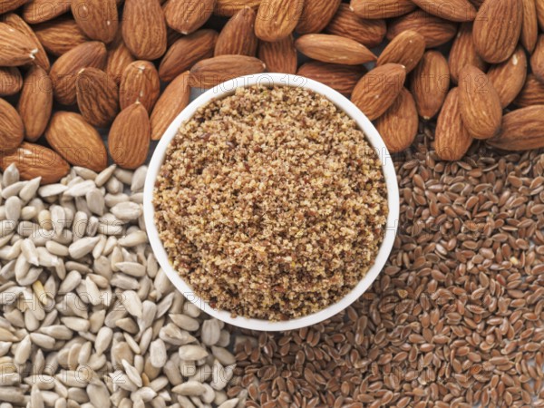 Homemade LSA mix in plate - Linseed or flax seeds, Sunflower seeds and Almonds. Traditional Australian blend of ground, source of dietary fiber, protein, omega fatty acids.Copy space for text.Top view